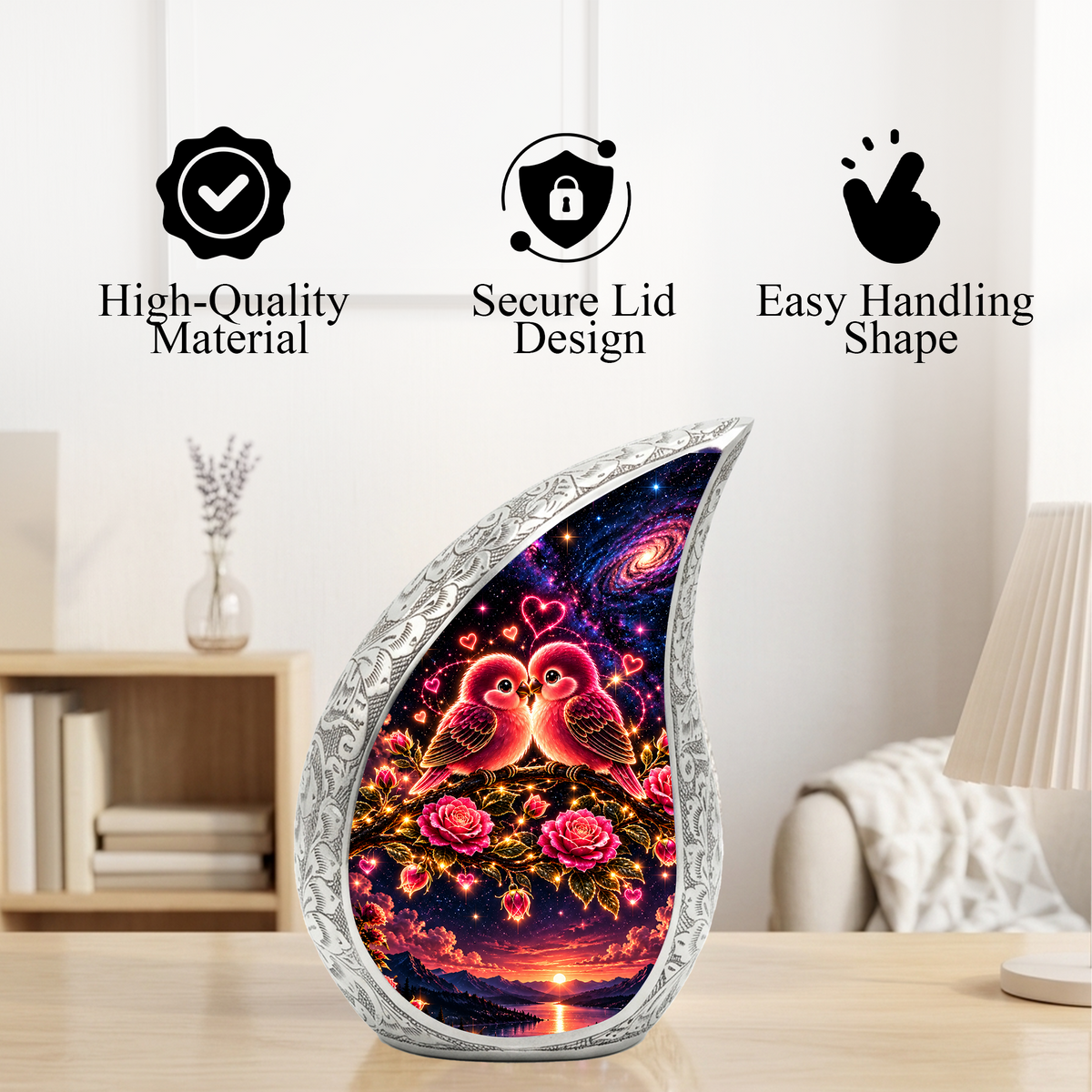 Love Birds Urn for Ashes, Romantic Bird Aluminum Cremation Urn