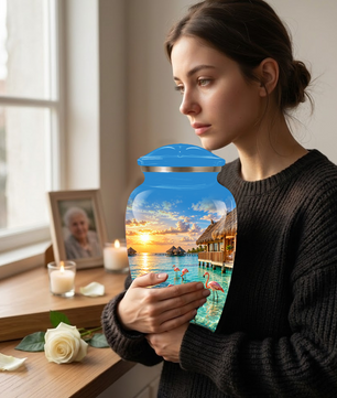 Adult Cremation Urn for Ashes, Personalized Aluminum Adult Urn, Tropical Beach Flamingo Memorial Urn