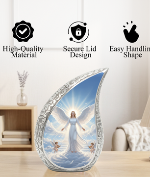 Personalized Angel Cremation Urn – Custom Heavenly Memorial Urn for Ashes, Guardian Angel Teardrop Aluminum Adult Urn, 10 Inch