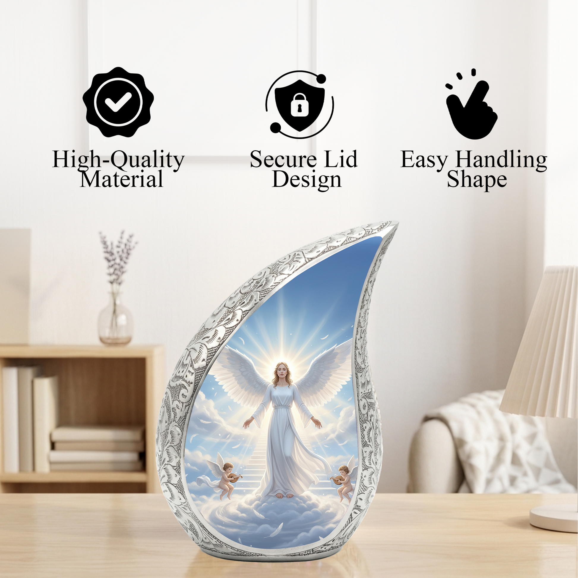 Personalized Angel Cremation Urn – Custom Heavenly Memorial Urn for Ashes, Guardian Angel Teardrop Aluminum Adult Urn, 10 Inch