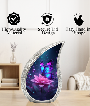 Butterfly Personalized Cremation Urn for Mom – Teardrop Style Aluminum Memorial Urn, 10 Inch