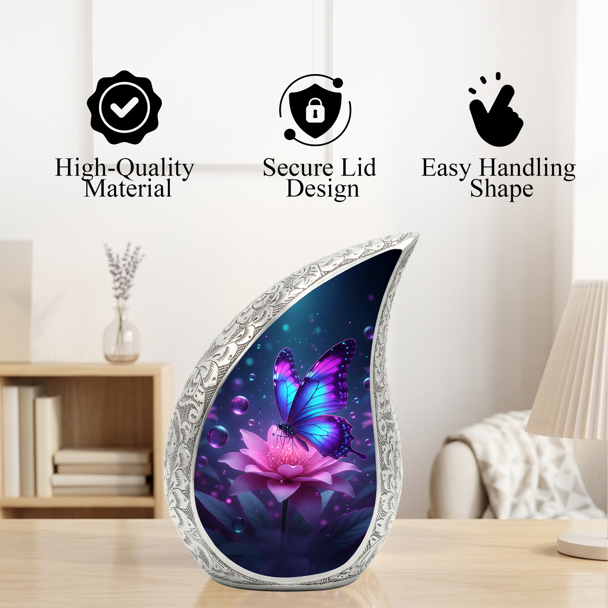 Butterfly Personalized Cremation Urn for Mom – Teardrop Style Aluminum Memorial Urn, 10 Inch