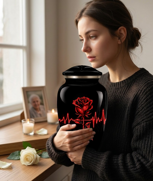 Red Rose Heartbeat Adult Urn for Ashes – Black Adult Cremation Urn, Memorial Urn for Adult Ashes