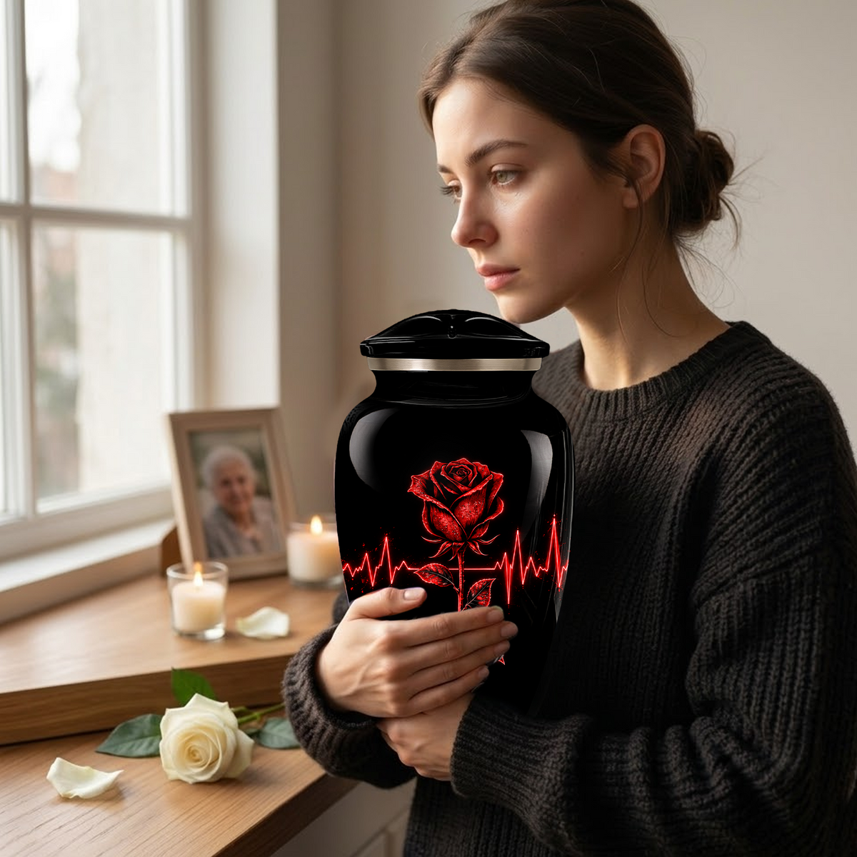 Red Rose Heartbeat Adult Urn for Ashes – Black Adult Cremation Urn, Memorial Urn for Adult Ashes