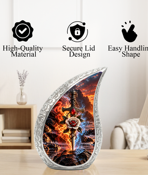 Sword and Rose Cremation Urn for Dad - Gothic Memorial Urn for Ashes