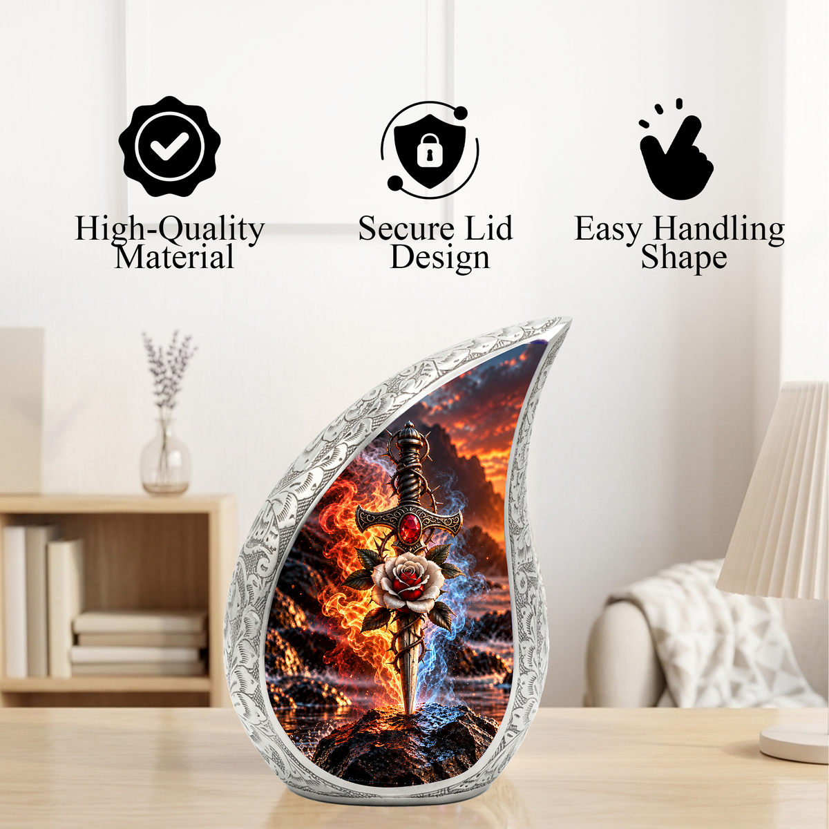 Sword and Rose Cremation Urn for Dad - Gothic Memorial Urn for Ashes