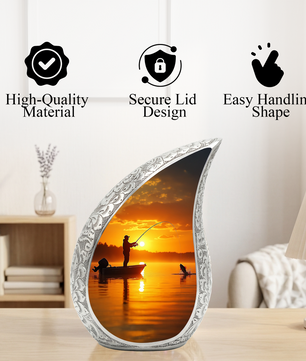 Fishing Personalized Cremation Urn for Dad – Teardrop Style Aluminum Memorial Urn, 10 Inch