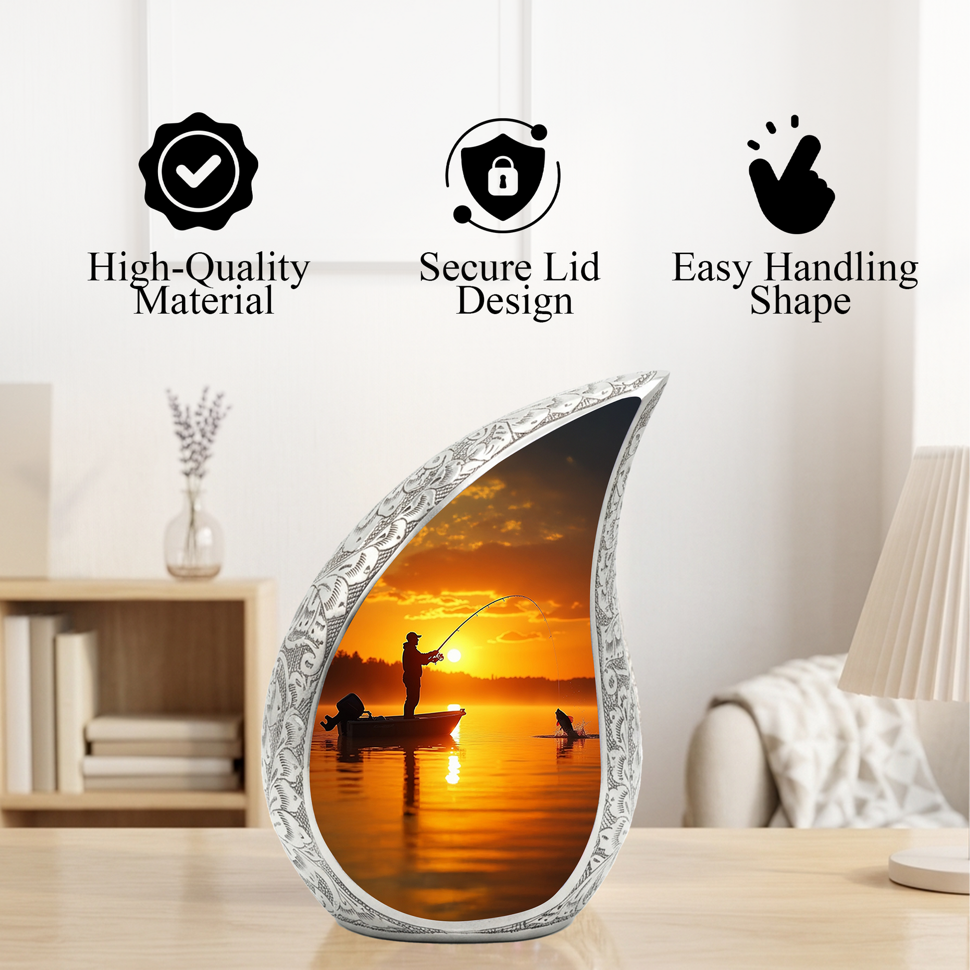 Fishing Personalized Cremation Urn for Dad – Teardrop Style Aluminum Memorial Urn, 10 Inch