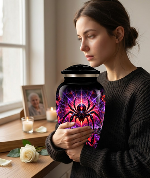 Black Spider Cremation Urn – Gothic Spider Web Adult Memorial Urn for Ashes