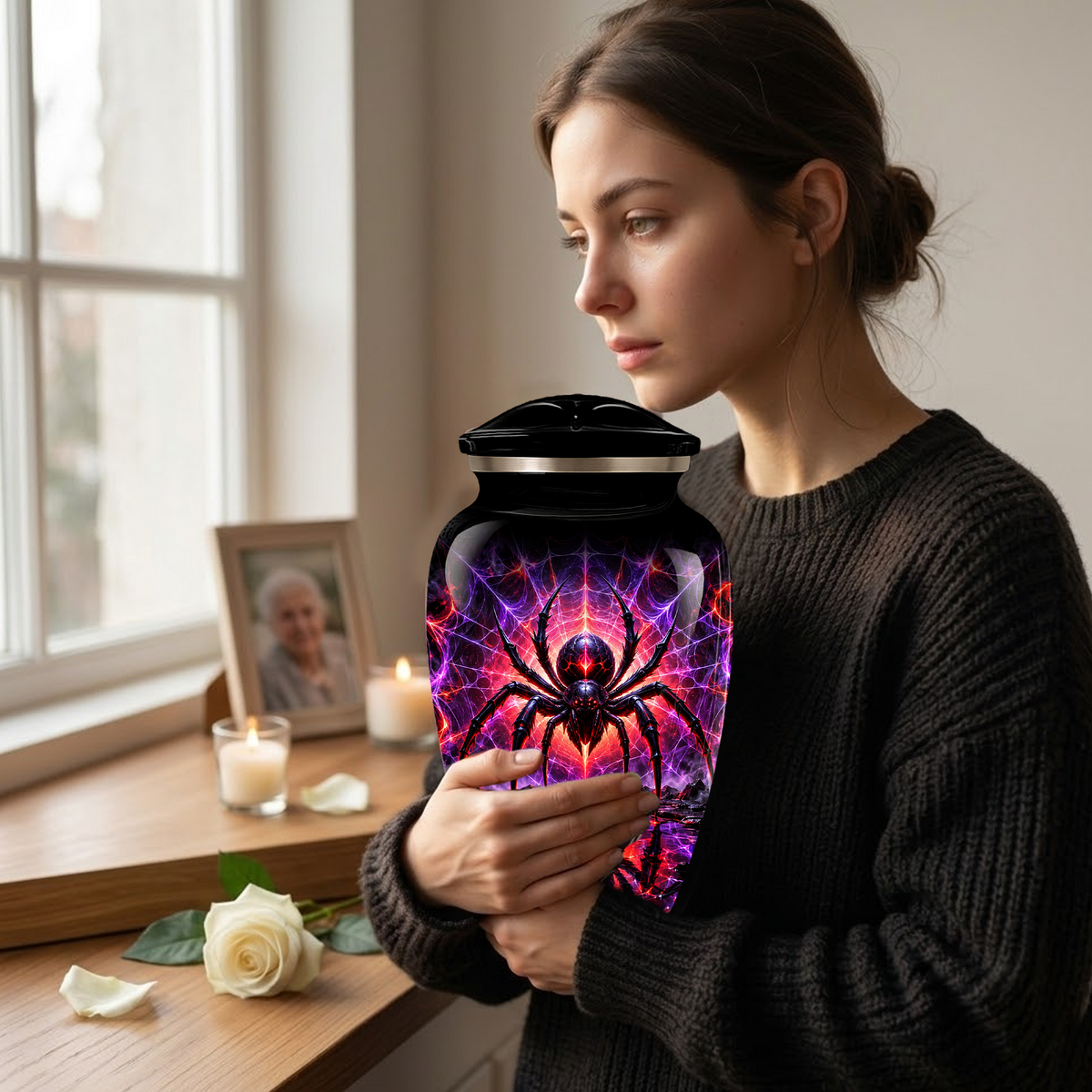 Black Spider Cremation Urn – Gothic Spider Web Adult Memorial Urn for Ashes