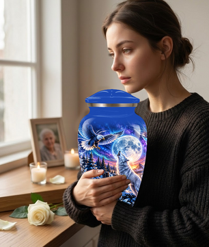 Personalized Adult Cremation Urn for Ashes, Custom Wolf and Eagle Memorial Urn, Blue Moonlight Fantasy Wildlife Design
