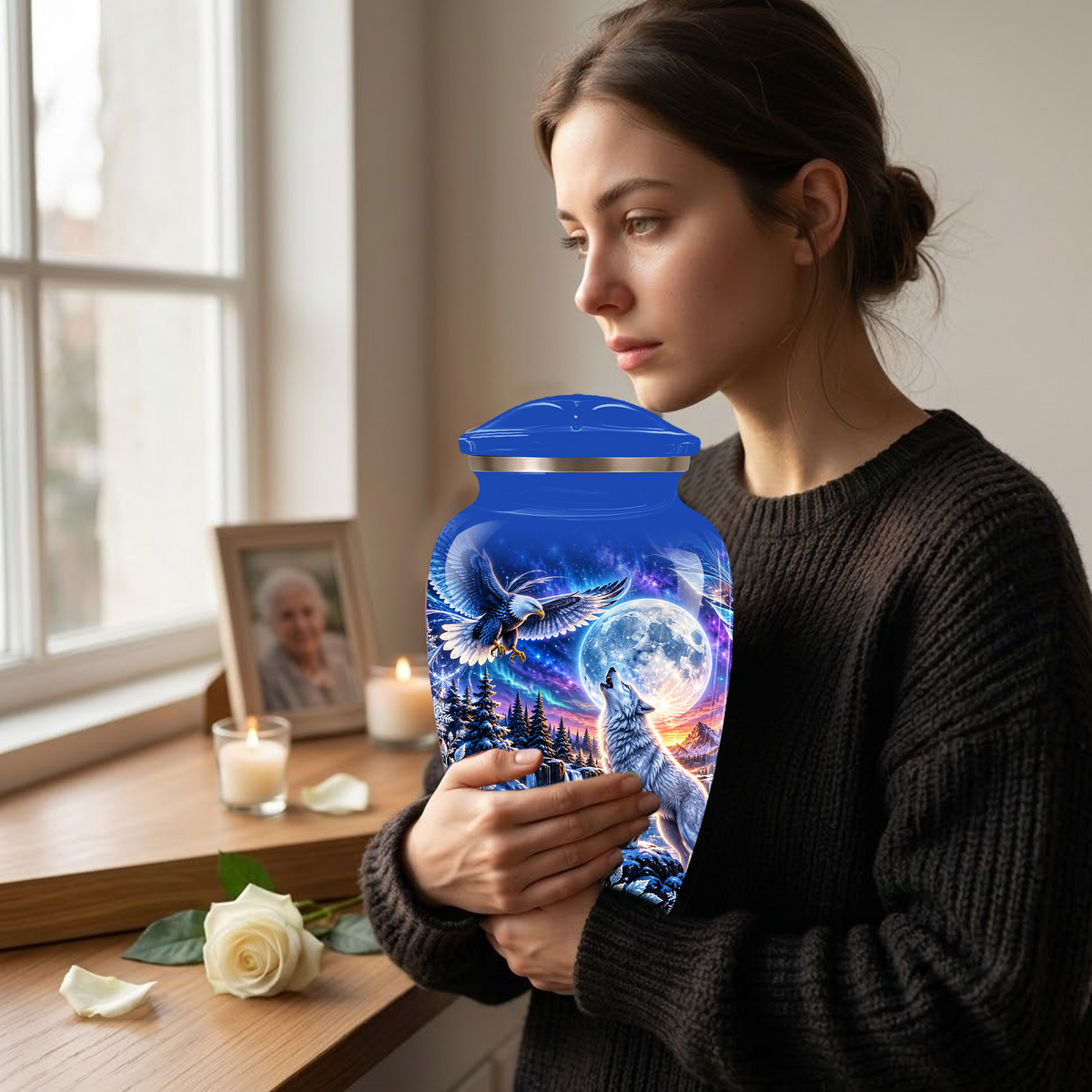 Personalized Adult Cremation Urn for Ashes, Custom Wolf and Eagle Memorial Urn, Blue Moonlight Fantasy Wildlife Design