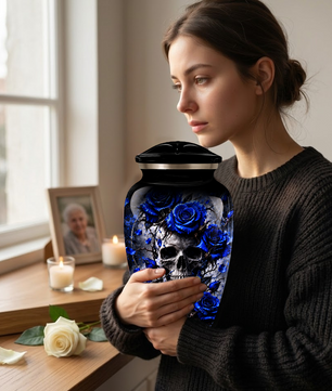 Blue Rose Skull Adult Urn for Ashes – Memorial Cremation Urn for Adults,