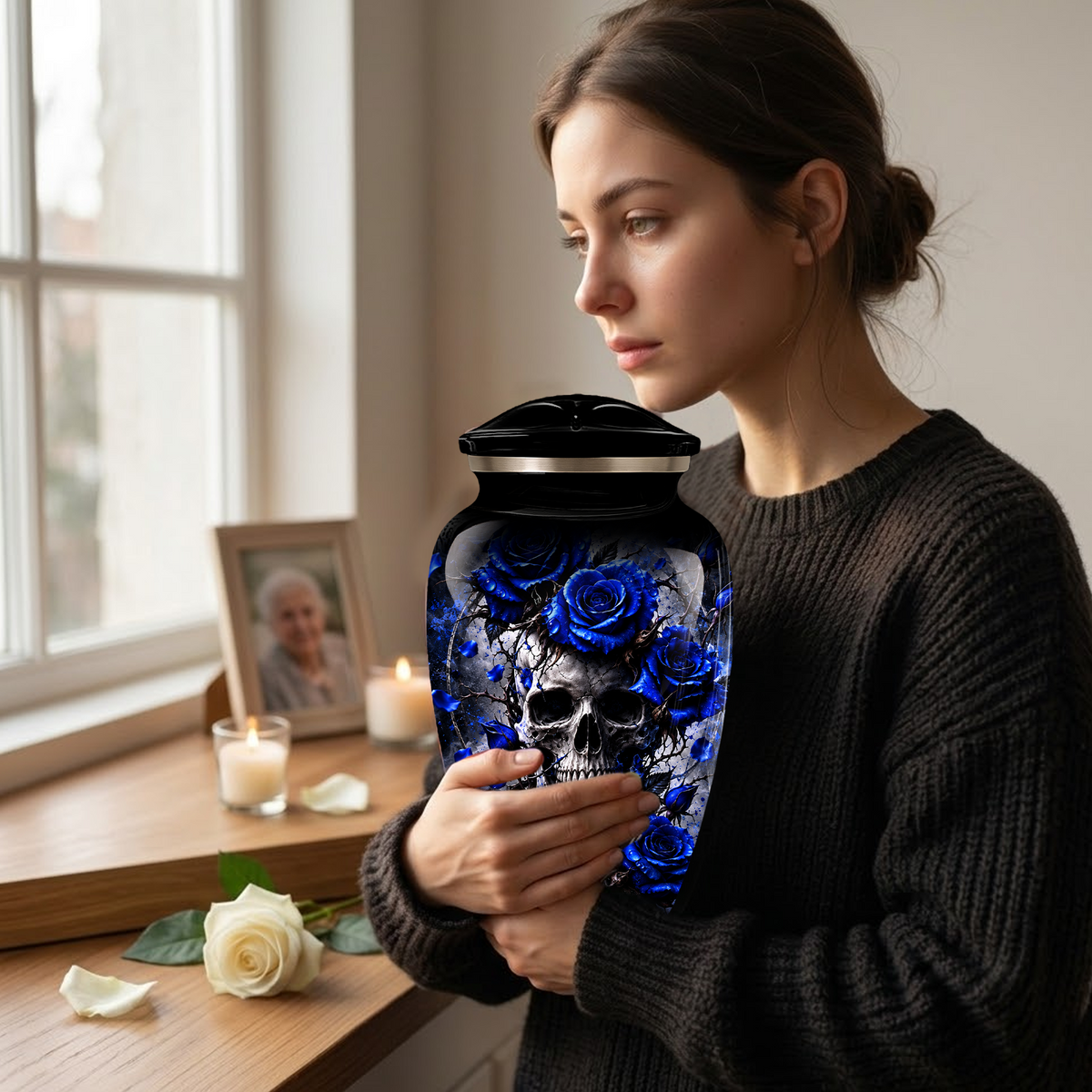 Blue Rose Skull Adult Urn for Ashes – Memorial Cremation Urn for Adults,
