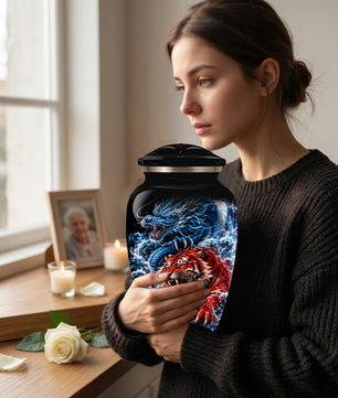 Personalized Adult Cremation Urn for Ashes, Custom Dragon and Tiger Memorial Urn, Blue Dragon Red Tiger Artwork