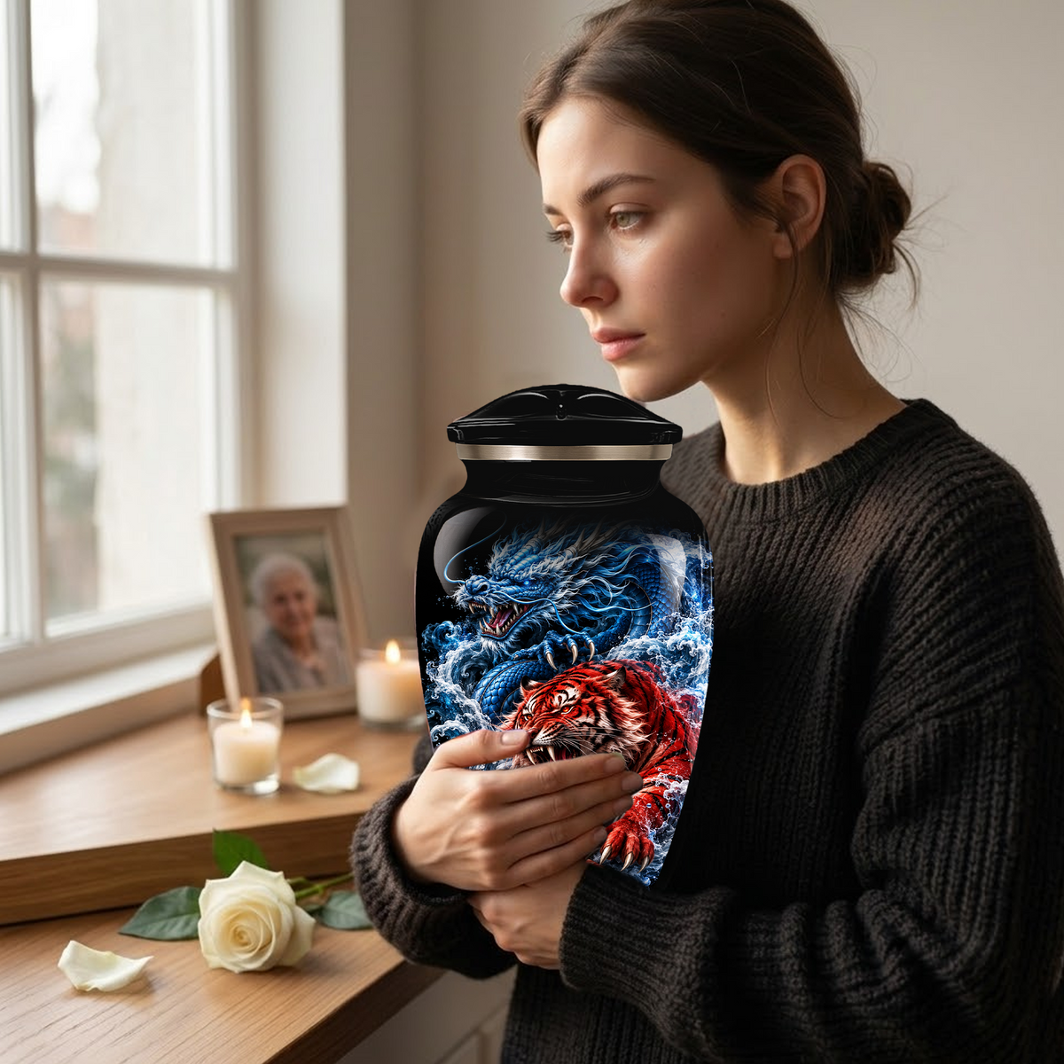 Personalized Adult Cremation Urn for Ashes, Custom Dragon and Tiger Memorial Urn, Blue Dragon Red Tiger Artwork