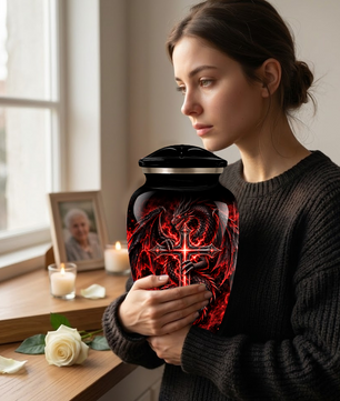 Red Dragon Cremation Urn – Dragon & Cross Adult Memorial Urn for Ashes
