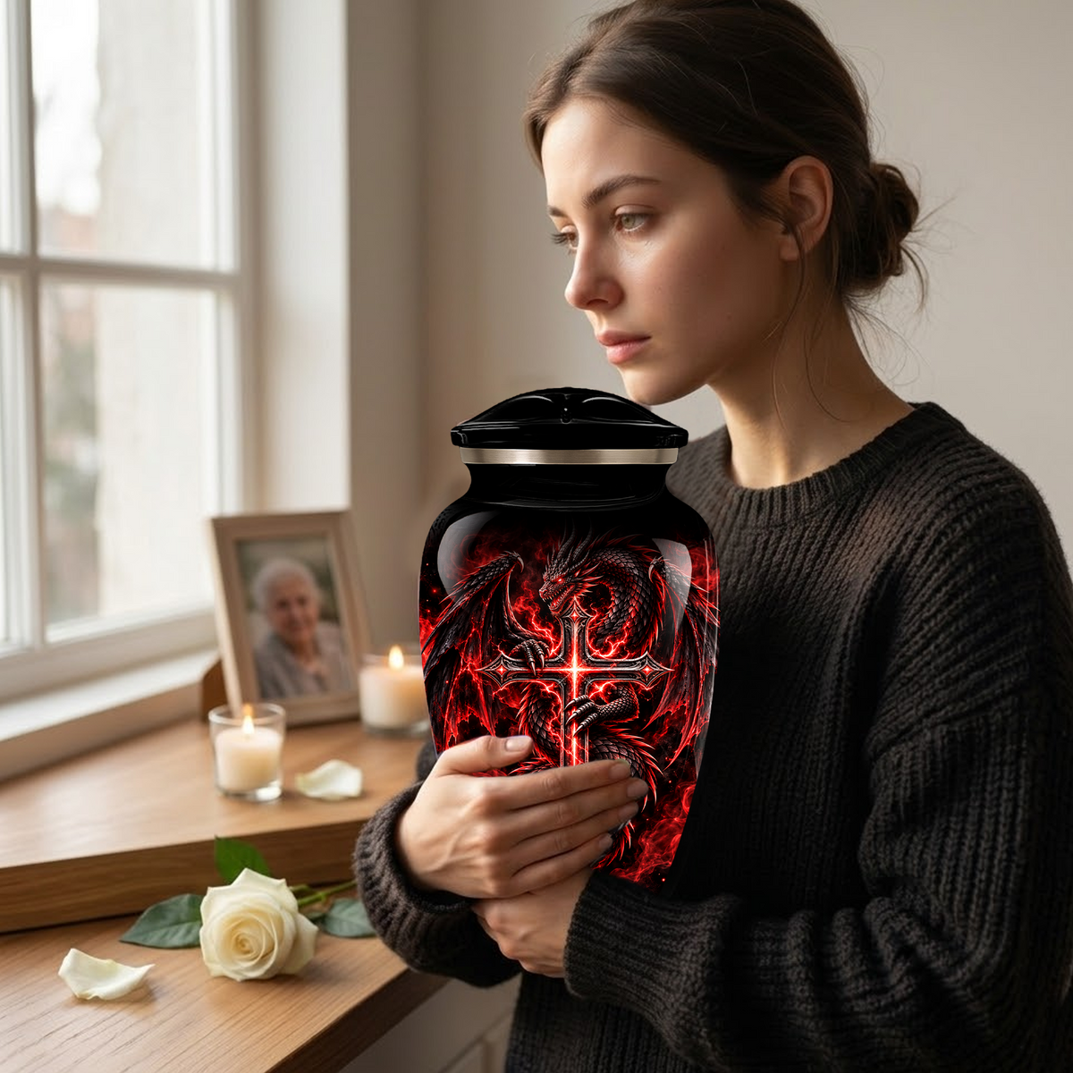 Red Dragon Cremation Urn – Dragon & Cross Adult Memorial Urn for Ashes