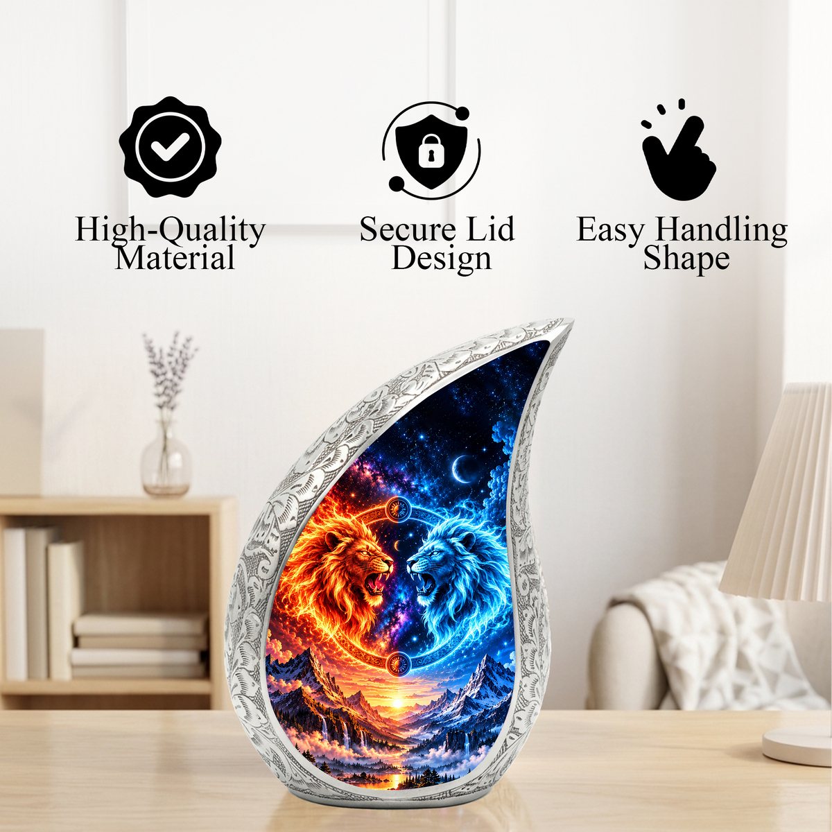 Twin Lions Cremation Urn for Ashes, Personalized Adult Memorial Urn, Wildlife Design