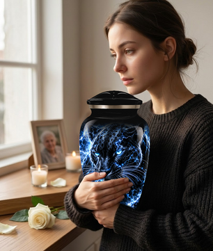 Personalized Adult Cremation Urn for Ashes, Custom Black Panther Memorial Urn, Blue Lightning Fantasy Animal Artwork