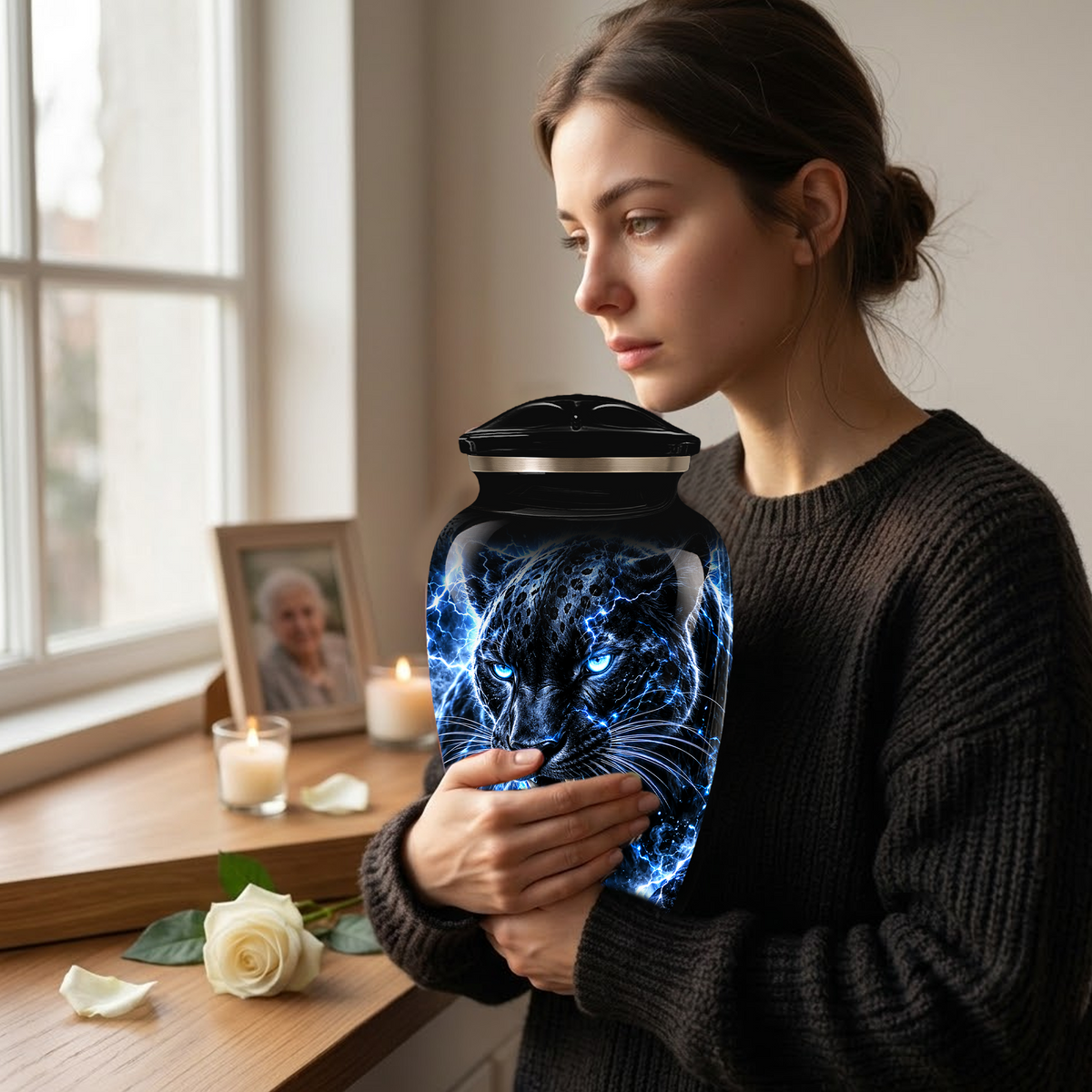 Personalized Adult Cremation Urn for Ashes, Custom Black Panther Memorial Urn, Blue Lightning Fantasy Animal Artwork