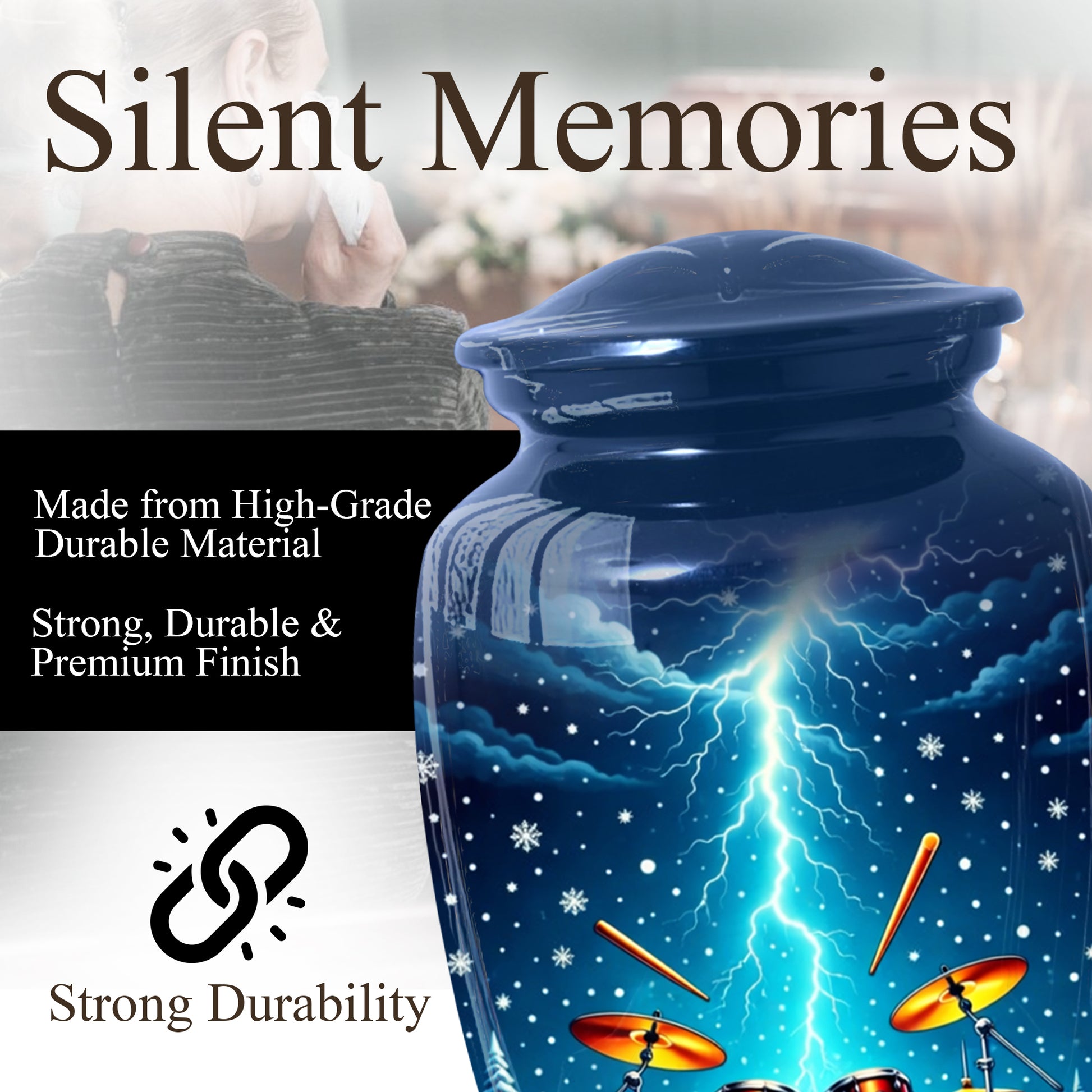 Drummer Adult Cremation Urn | Drum Set Funeral Urn | Music Memorial Adult Large Urn for Human Ashes