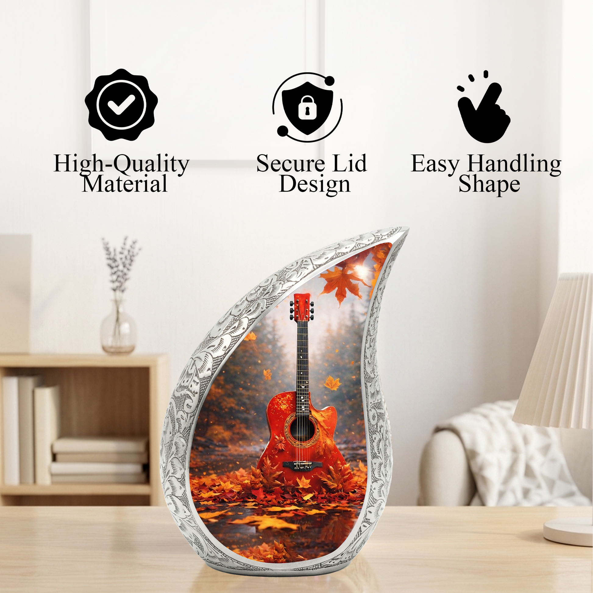 Personalized Guitar Cremation Urn – Custom Music Memorial Urn for Ashes, Teardrop Aluminum Urn, 10 Inch