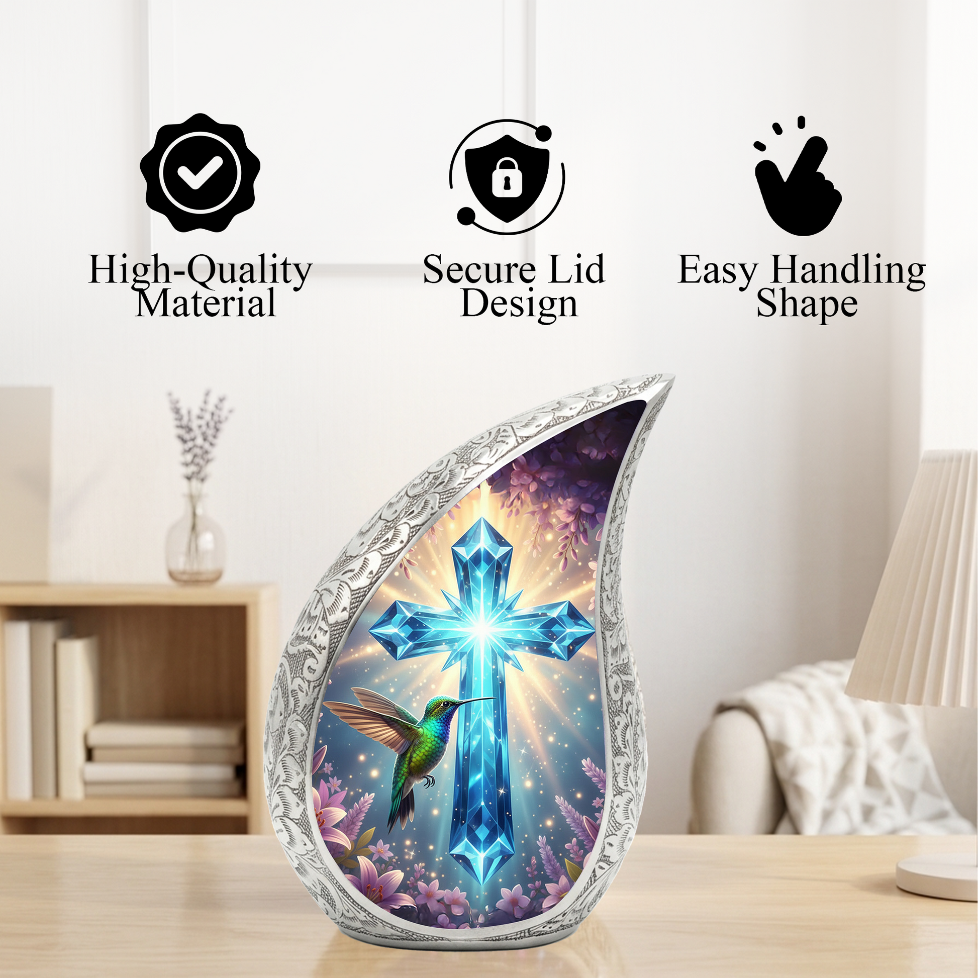 Christian Cross Personalized Cremation Urn – Teardrop Style Aluminum Memorial Urn, 10 Inch