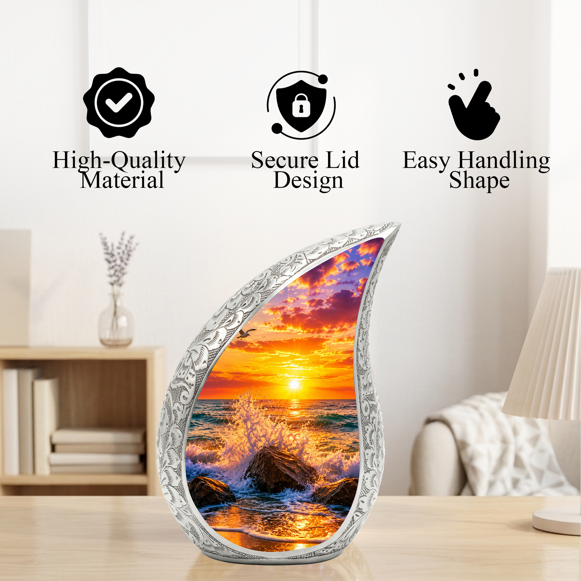 Ocean Sunset Memorial Urn for Mom & Dad – Personalized Cremation Urn for Human Ashes | Beach Funeral Urn for Women & Men