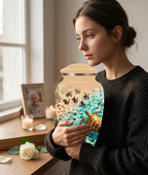 Personalized Sea Turtle Memorial Urn, Aluminum Ocean Beach Urn for Human Ashes