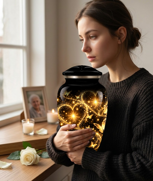 Personalized Adult Cremation Urn for Ashes, Golden Butterfly Heart Memorial Urn, Custom Adult Urn