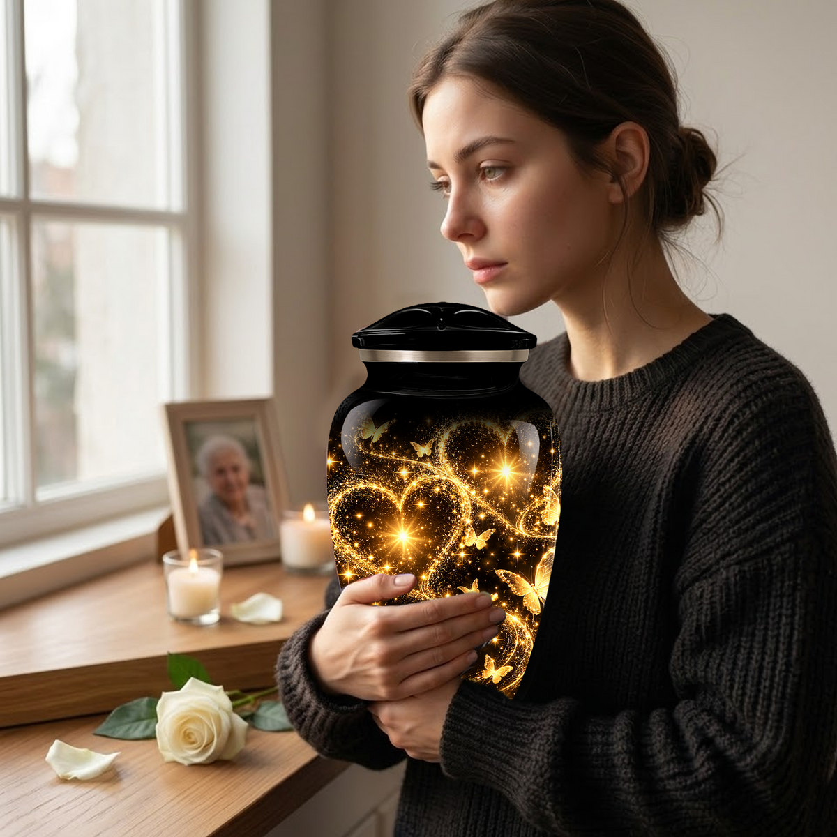 Personalized Adult Cremation Urn for Ashes, Golden Butterfly Heart Memorial Urn, Custom Adult Urn