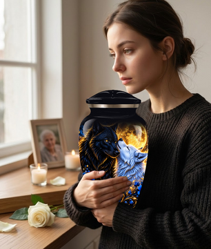 Personalized Wolf Cremation Urn for Ashes, Black and White Wolf Memorial Urn, Blue Floral Adult Urn, Custom Adult Urn