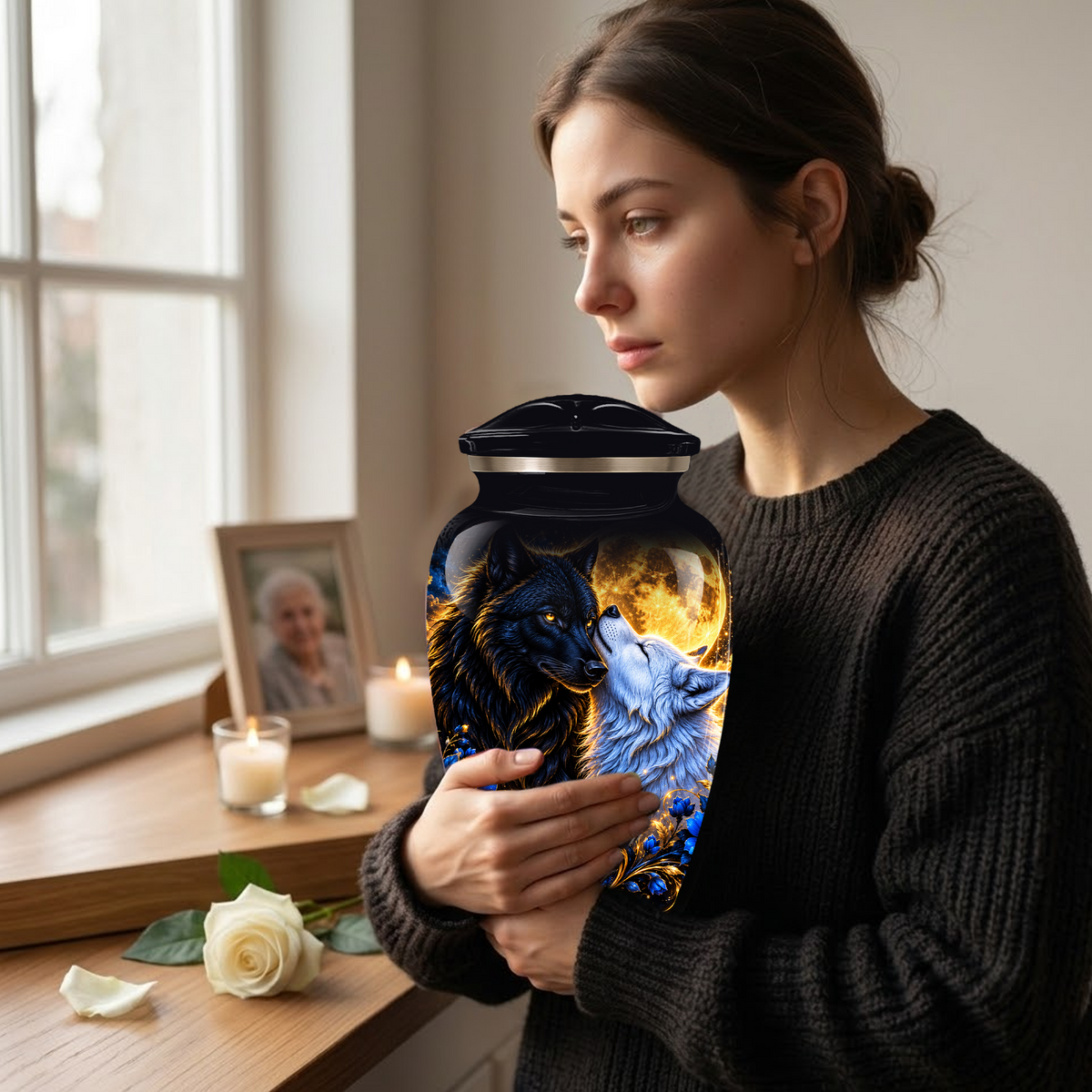 Personalized Wolf Cremation Urn for Ashes, Black and White Wolf Memorial Urn, Blue Floral Adult Urn, Custom Adult Urn