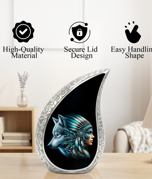 Native American Woman Urn for Mom with Wolf Spirit Art – Personalized Memorial Urn for Human Ashes