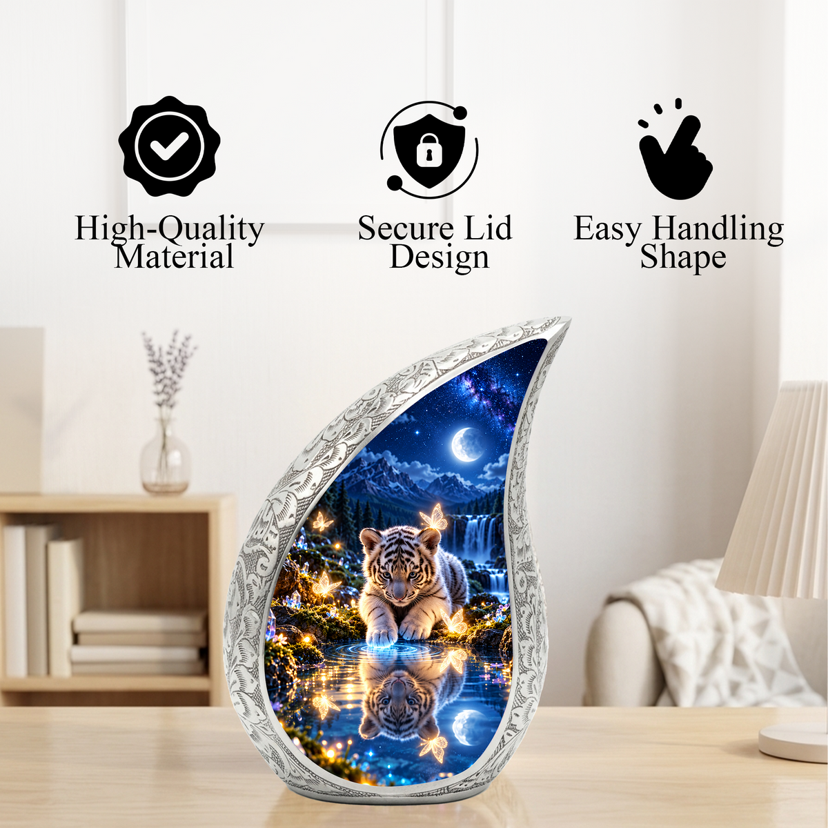 Tiger Cub Urn for Ashes, keepsake White Tiger Cremation Urn