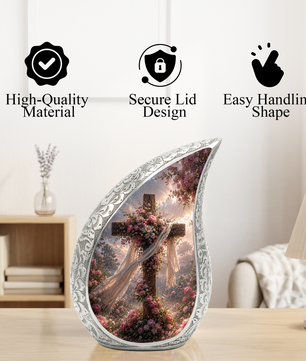 Christian Cross Adult Urn for Ashes | Floral Cross Adult Cremation Urn for Human Ashes