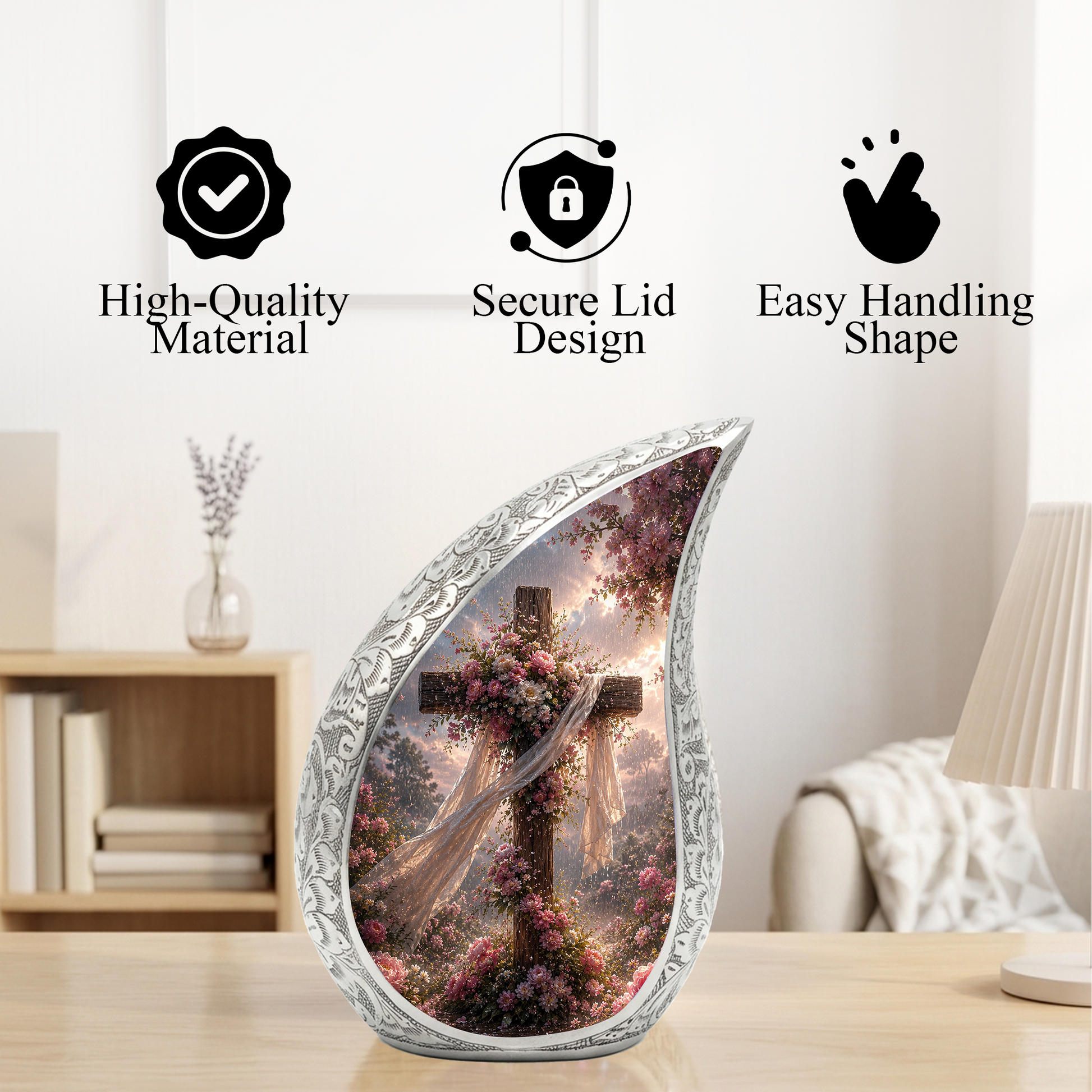 Christian Cross Adult Urn for Ashes | Floral Cross Adult Cremation Urn for Human Ashes