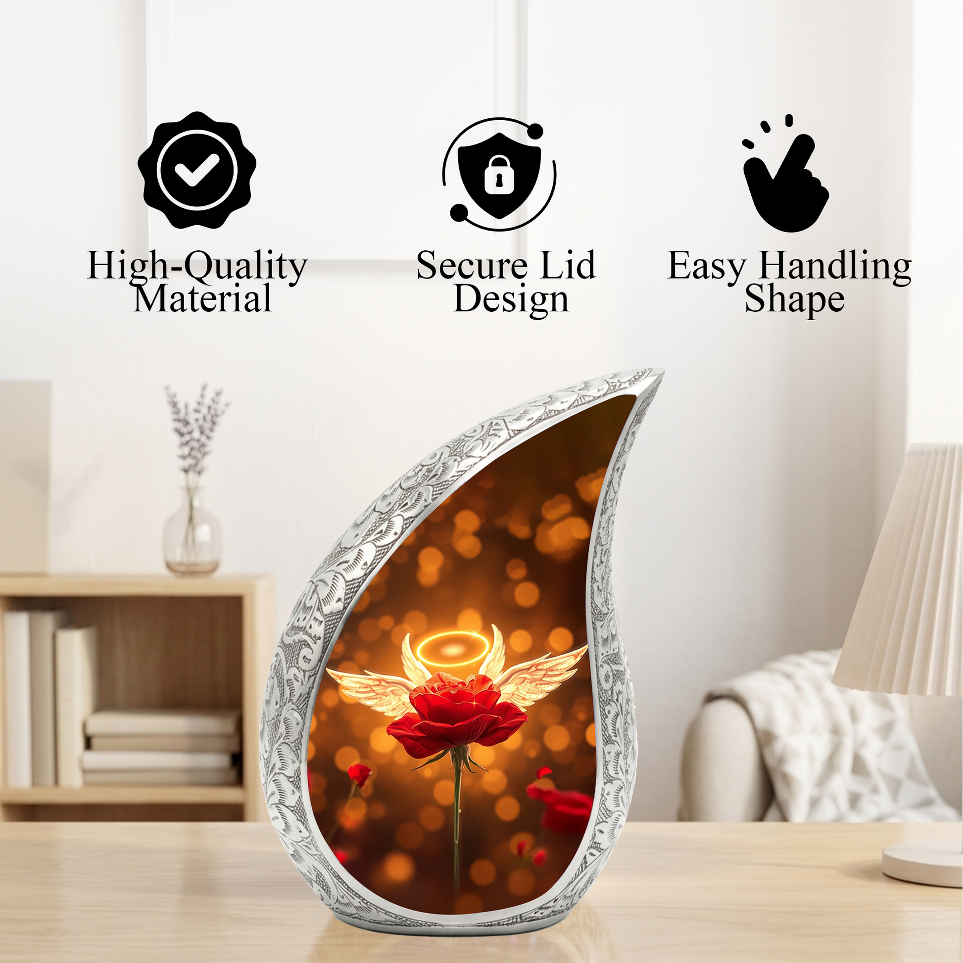 Angel Rose Personalized Cremation Urn – Teardrop Memorial Urn for Ashes | 10 Inch Aluminum Urn