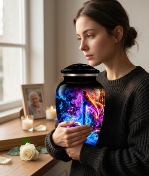 Musical Note Cremation Urn for Adult Ashes, Colorful Galaxy Music Memorial Urn, Adult Cremation Urn with Glowing Neon Treble Clef Artwork