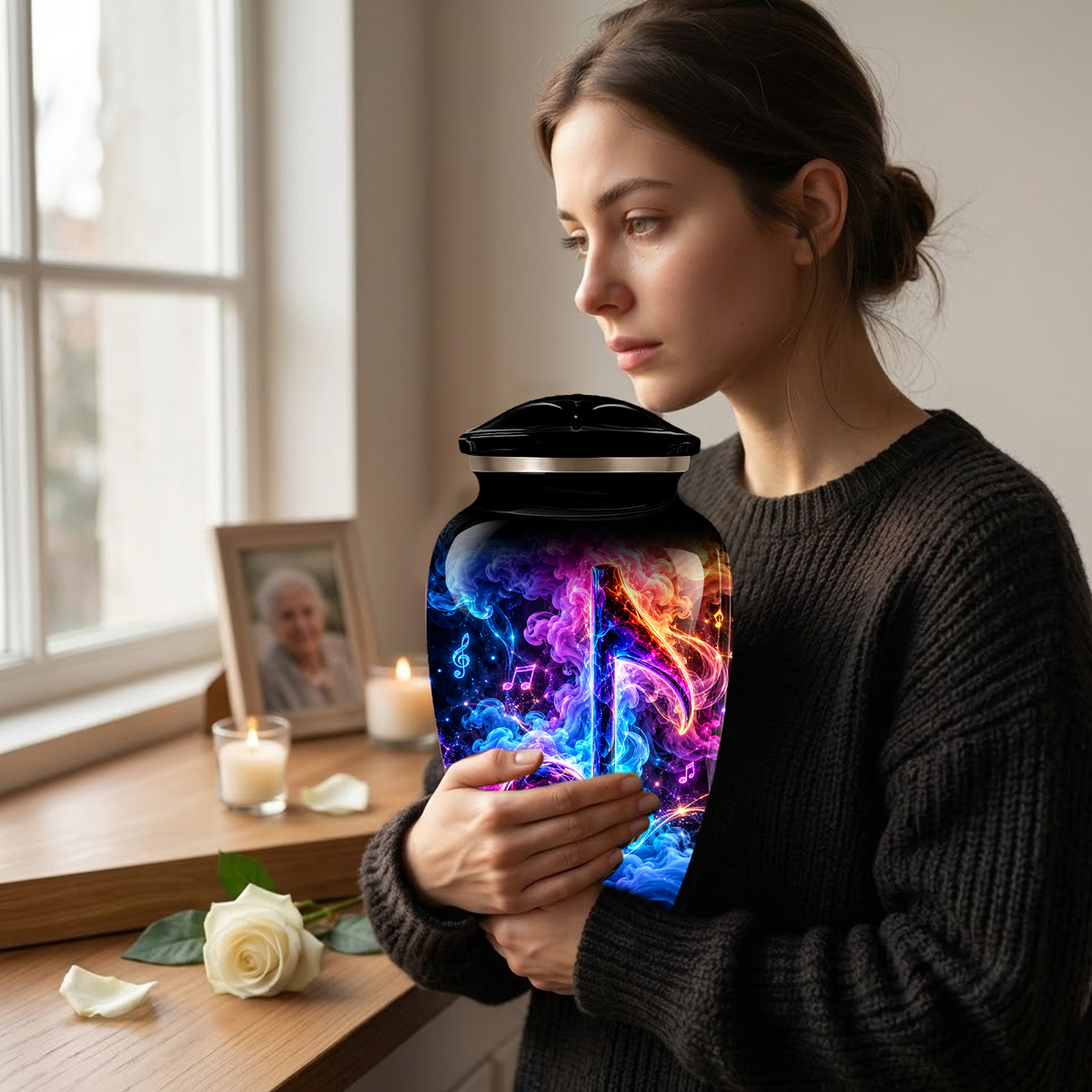 Musical Note Cremation Urn for Adult Ashes, Colorful Galaxy Music Memorial Urn, Adult Cremation Urn with Glowing Neon Treble Clef Artwork