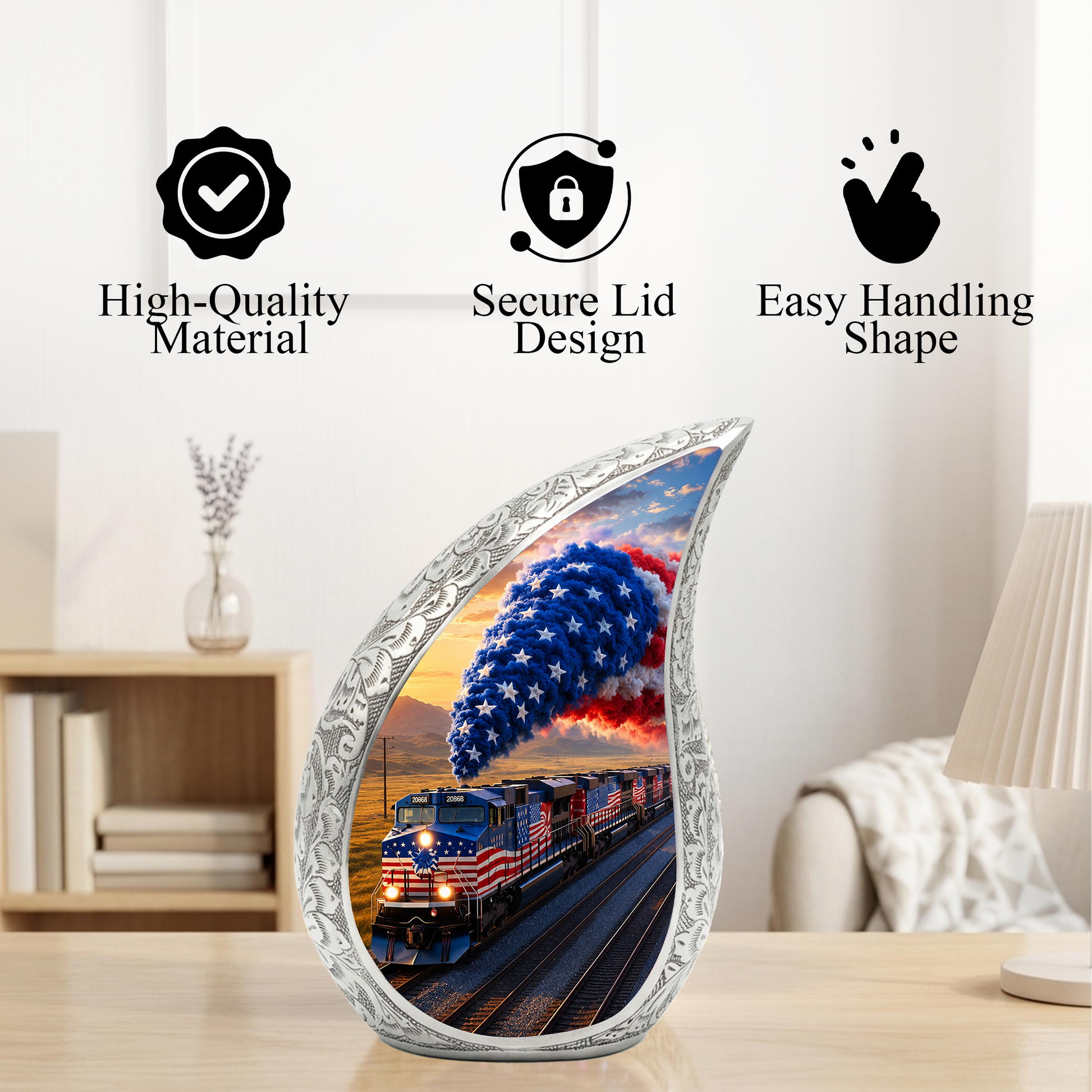 Patriotic American Flag Train Cremation Urn for Adult Ashes