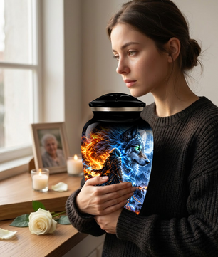 Personalized Adult Cremation Urn for Ashes, Fire and Ice Wolf Warrior Memorial Urn, Custom Aluminum Urn