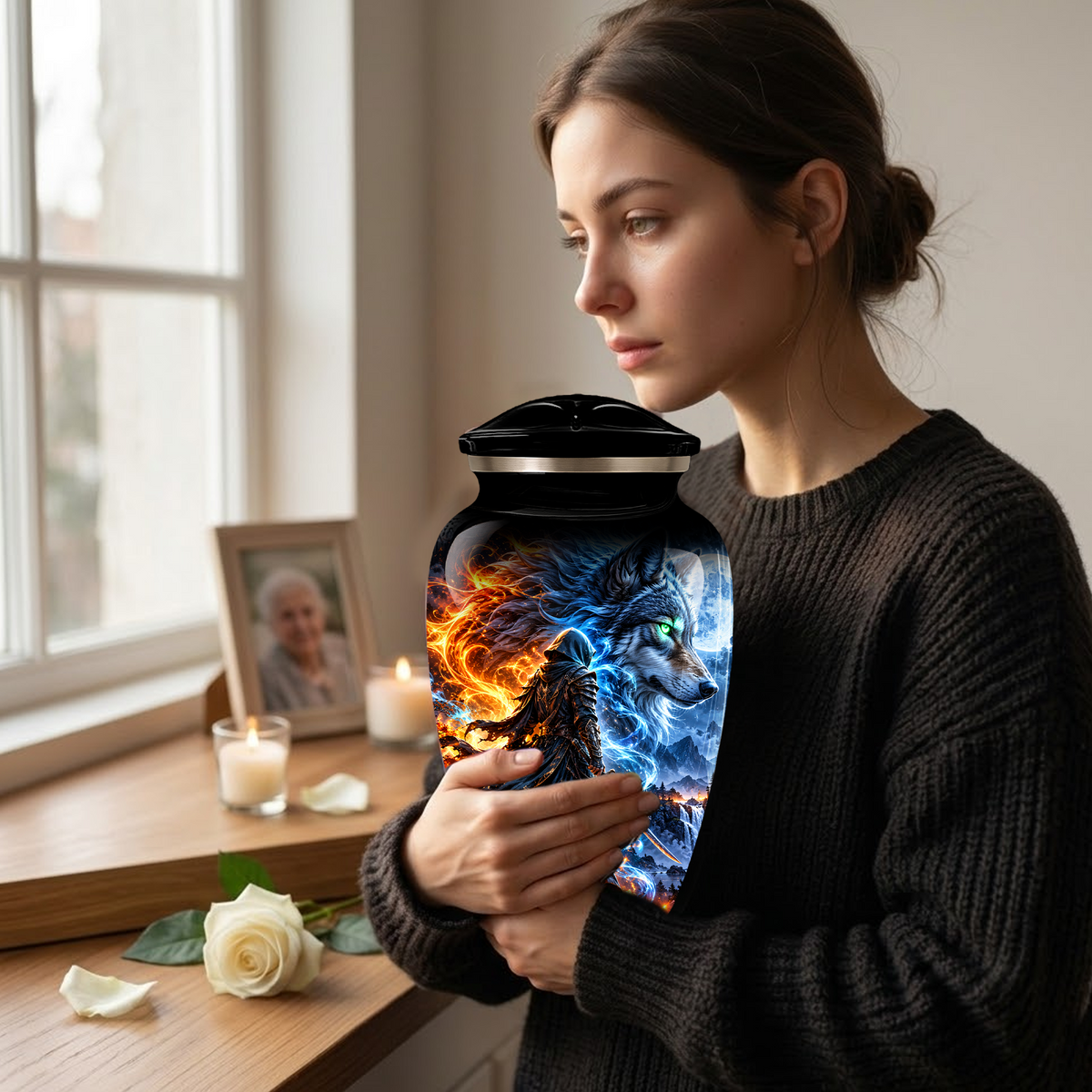 Personalized Adult Cremation Urn for Ashes, Fire and Ice Wolf Warrior Memorial Urn, Custom Aluminum Urn