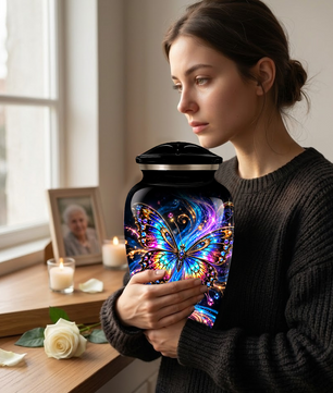 Colorful Butterfly Cremation Urn for Adult Ashes, Personalized Memorial Urn, Rainbow Butterfly Adult Urn for Human Ashes, Celestial Funeral Urn