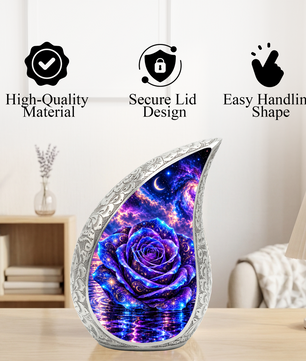 Galaxy Rose Cremation Urn for Mom - Purple Cosmic Rose Memorial Keepsake Urn