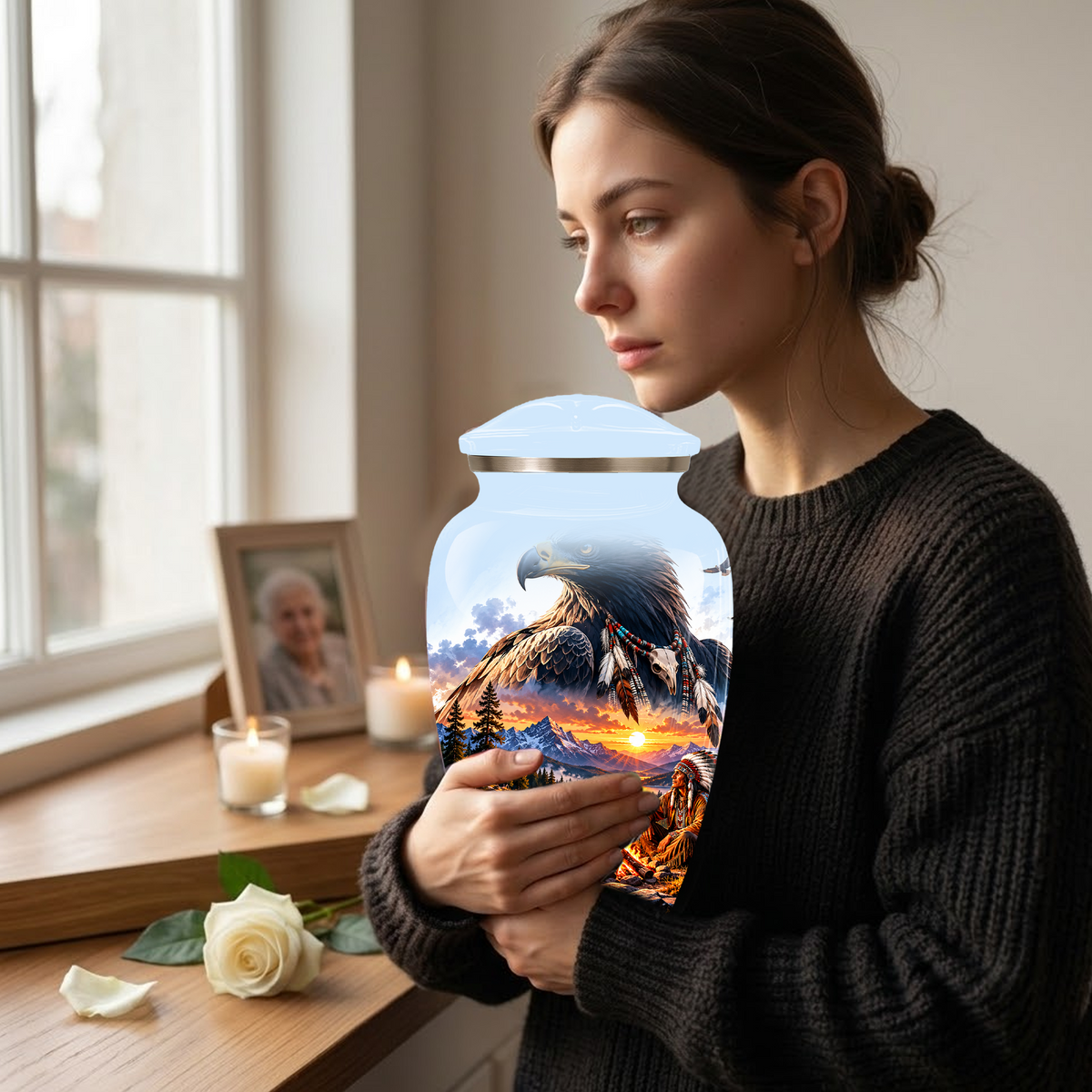 Personalized Adult Cremation Urn for Ashes, Native American Eagle Memorial Urn