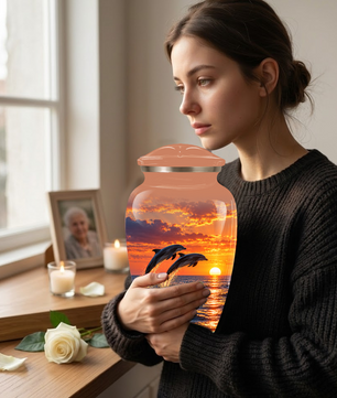 Dolphin Cremation Urn for Ashes, Ocean Sunset Design, Custom Adult Urn for Loved Ones