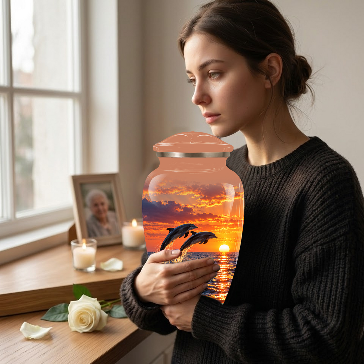 Dolphin Cremation Urn for Ashes, Ocean Sunset Design, Custom Adult Urn for Loved Ones