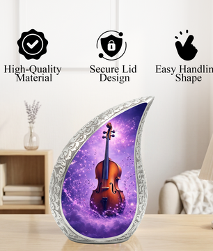 Personalized Violin Cremation Urn – Custom Music Memorial Urn for Ashes, Teardrop Aluminum Adult Urn, 10 Inch